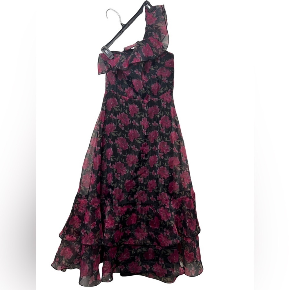 Lulu’s Sweet Romantic Black Floral Print Organza One-Shoulder Dress Size L - Picture 5 of 9